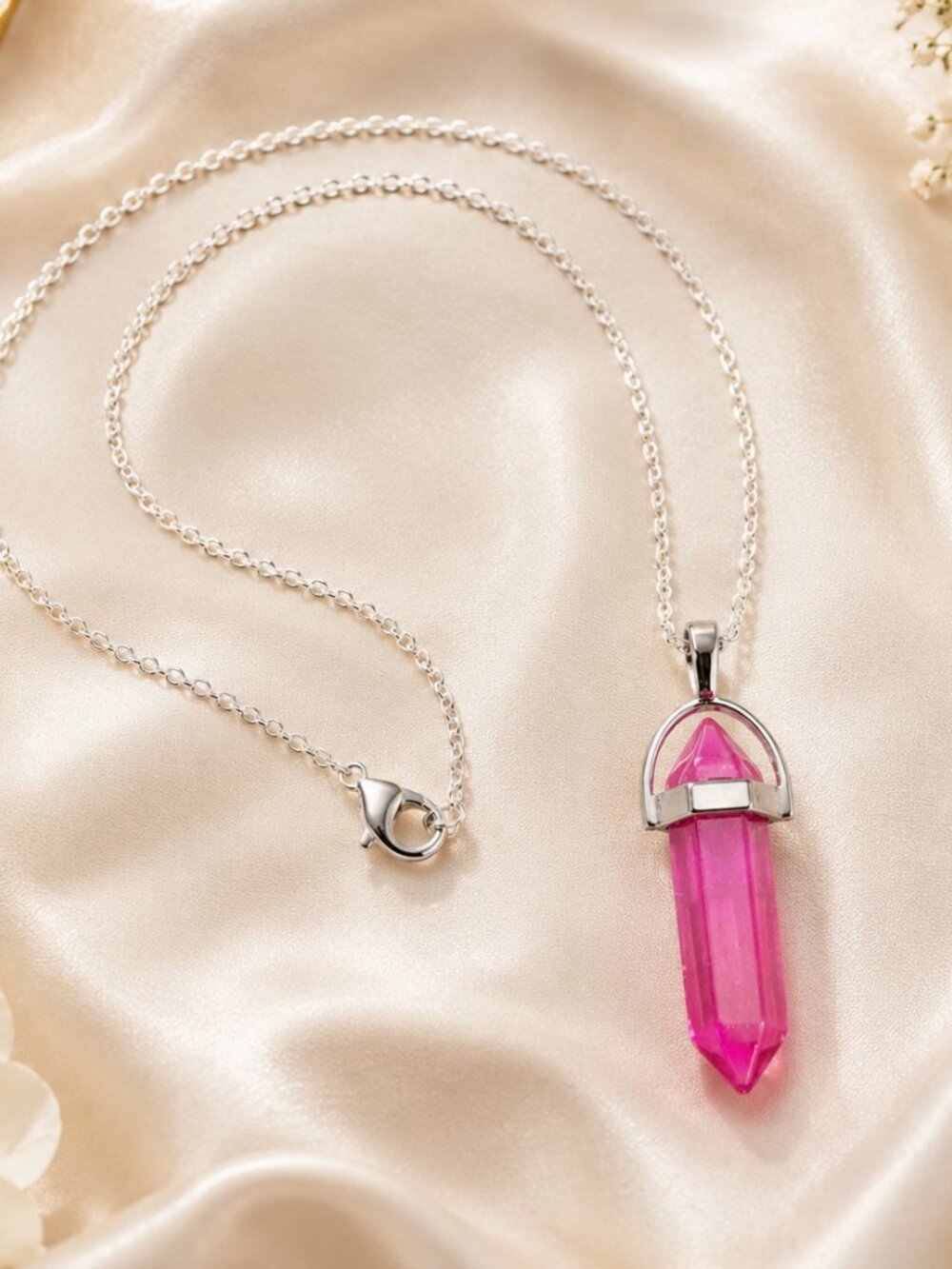 Kunzite Pink Crystal Bullet Point Necklace, Spiritual, Pendant Silver Chain